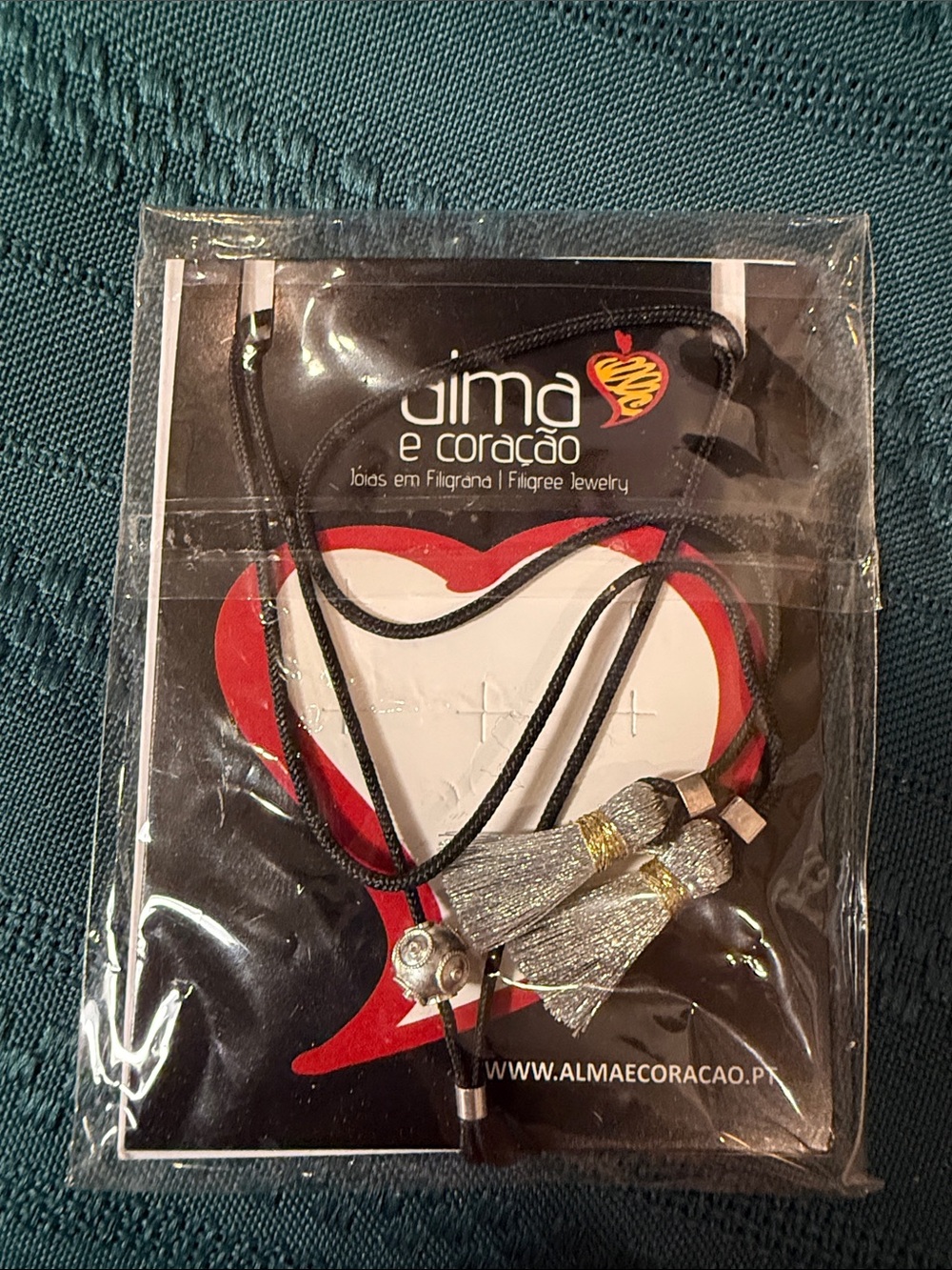 Alma e Coração Black Cord Necklace with Silver Tassels Filigree Jewelry